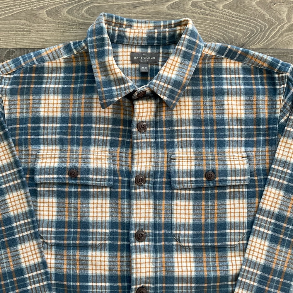 LL Bean Signature 1933 Chamois Cloth Shirt Men’s XL Slim Blue Tan Plaid 290020 - Picture 3 of 11